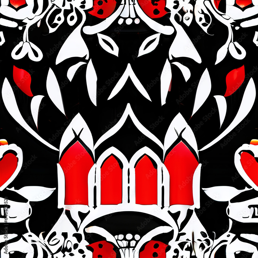 Diseño de textura en blanco y negro con detalles rojos. Pintura tribal de decoración para empapelar pared. Estilo tatuaje - AI Generated Art