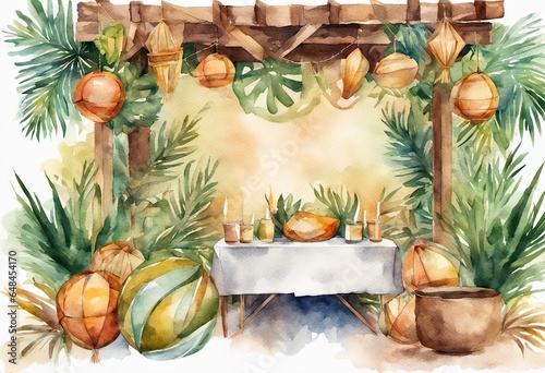 Watercolor Symbols Jewish holiday Sukkot with palm leaves and sukkah with decor