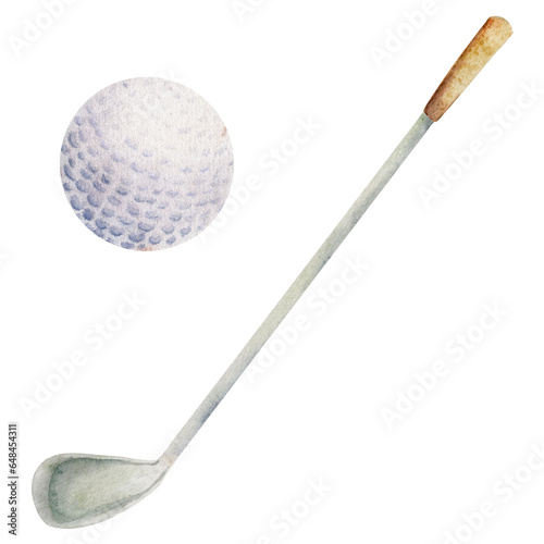 Hand drawn watercolor sports gear equipment, latex golf ball and club to play game and practice. Illustration isolated single object on white background. Design poster, print, website, card, shop