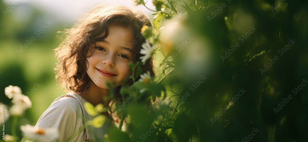 Close up of young woman smiling in green flowers fields background, Happy girl good mood among wildflowers in the morning, A free life amidst shady and beautiful nature, Carefree and happy times Close up of young woman smiling in green flowers fields background, Happy girl good mood among wildflowers in the morning, A free life amidst shady and beautiful nature, Carefree and happy times