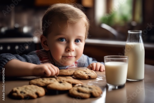 little child with milk and cookies