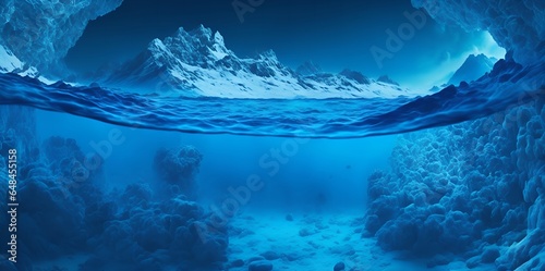 Illustration of a deep blue, underwater frozen crystal cave system with ice pillars, Generative AI.