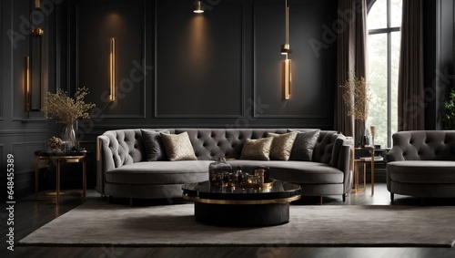 An luxurious living room with a grey chair  a round coffee table  and a corner sofa facing a wall covered in dark grey paneling.