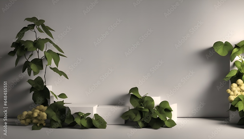 On a gray shadow type background, a stone product display pedestal features natural foliage. rendering in 3D, Generative AI. - obrazy, fototapety, plakaty 