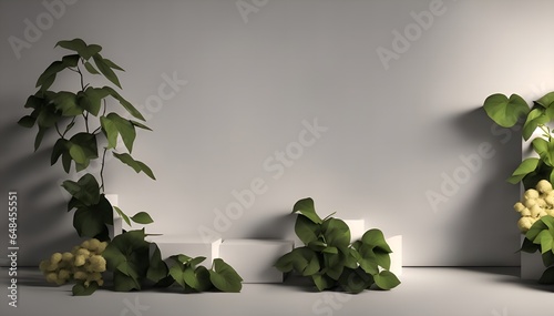 On a gray shadow type background, a stone product display pedestal features natural foliage. rendering in 3D, Generative AI.