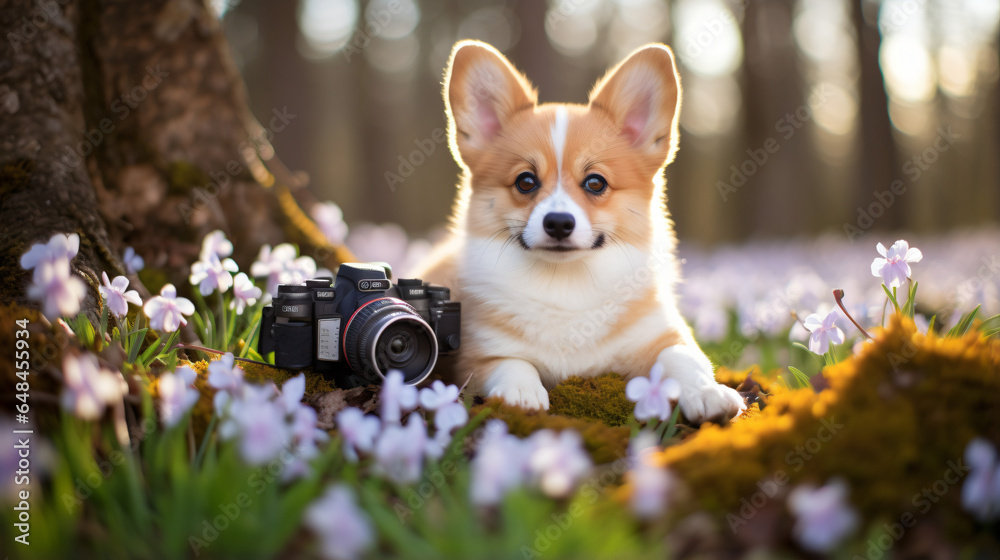 Cute corgi dog puppy lies on a spring meadow