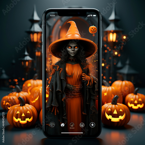 Smart phone lock screen with witch on halloween.