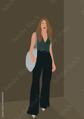 Vector illustration of a blonde girl in a vest and trousers, white shoes and with a light bag. Design for avatars, posters, backgrounds, templates, banners, textiles, cards.
