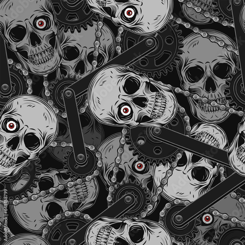 Seamless camouflage pattern with mechanism with gears, bike chain, human skull with single red eye. Dark scary gothic illustration in steampunk style. For apparel, fabric, textile, sport goods.