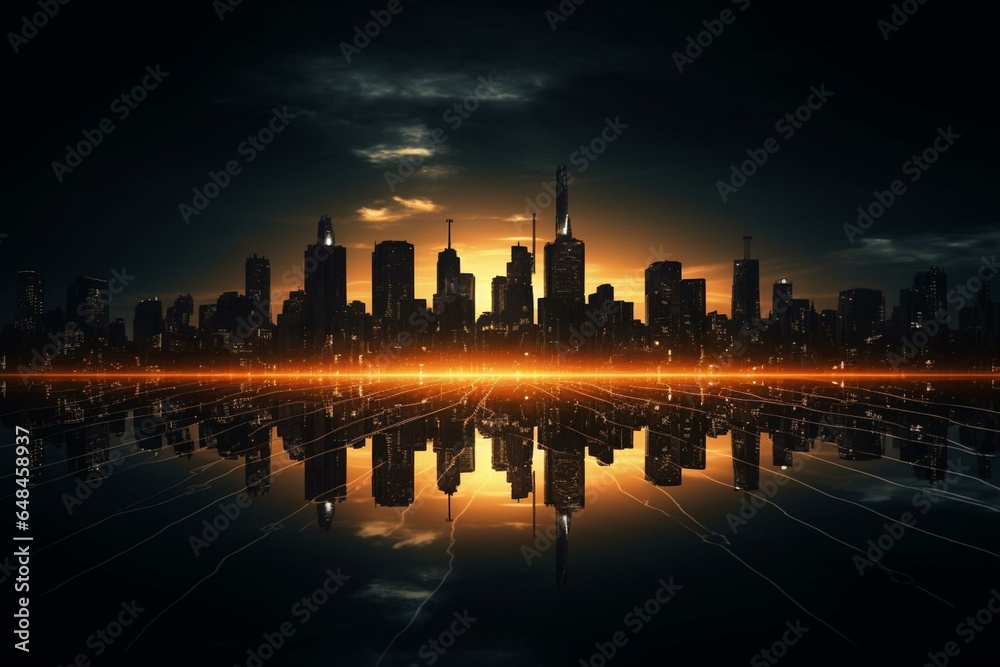City silhouette in darkness after failed energy transition to renewables. Generative AI