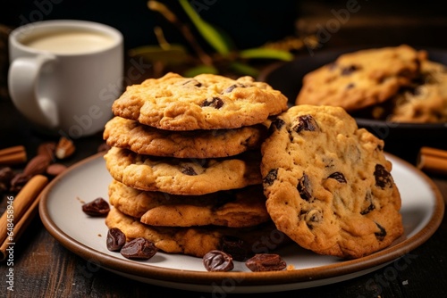 Delicious cookie with chocolate chips, oatmeal, raisins, and crumbs. Homemade broken cookies. Generative AI photo