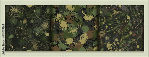Seamless green camouflage patterns with grunge paint brush strokes, paint smudge, hexagons, spiderweb.. Dense random chaotic composition. Good for apparel, fabric, textile, sport goods. Grunge texture