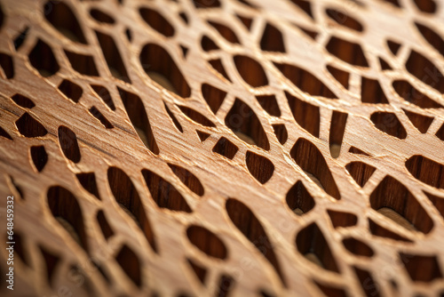 Captivating Artistry Unveiled: A Detailed Close-Up of Laser-Engraved Plywood Showcasing Intricate Woodworking Patterns and Organic Texture photo