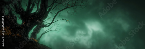 Mysterious scary trees in green fog
