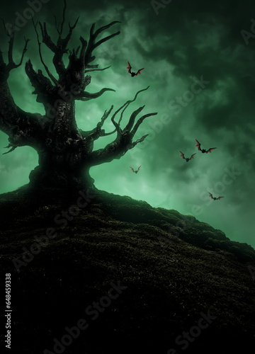Fototapeta Naklejka Na Ścianę i Meble -  Mysterious scary tree and bats in green fog