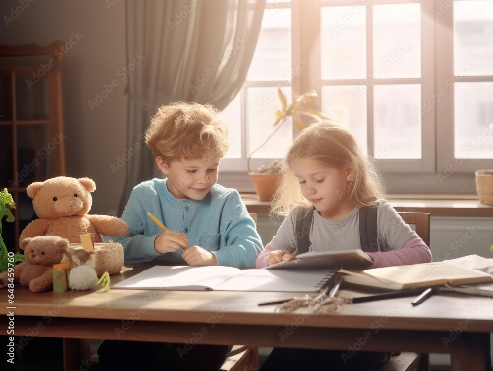 A blond boy and a girl are sitting together in a room at a table and ...