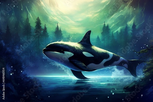 a surreal illustration featuring a stylized killer whale swimming under a luminous moon. Generative AI