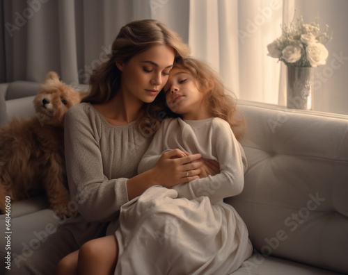 Mom and daughter are sitting in the room on the sofa and the mother gently hugs and kisses her daughter. Love of mother and child. Mothers Day. Happy motherhood.