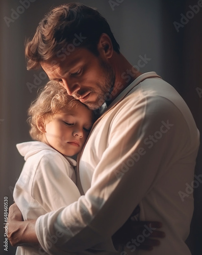 A loving father and child are sitting in the room, and the father tenderly hugs his child. The love of father and child. Father's Day. Happy dad. © Валерия Бельчикова