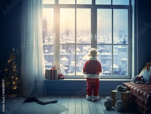 A boy in a Santa Claus costume stands in a room by the window waiting for the New Year and Christmas and a gift under the Christmas tree. There are gifts in boxes on the windowsill