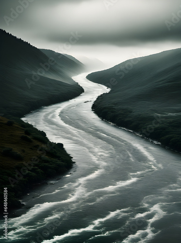 River fog realistic duotone storm cinematic.