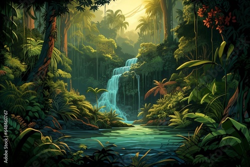 Illustration of lush waterfall surrounded by tropical plants in dense rainforest. Generative AI