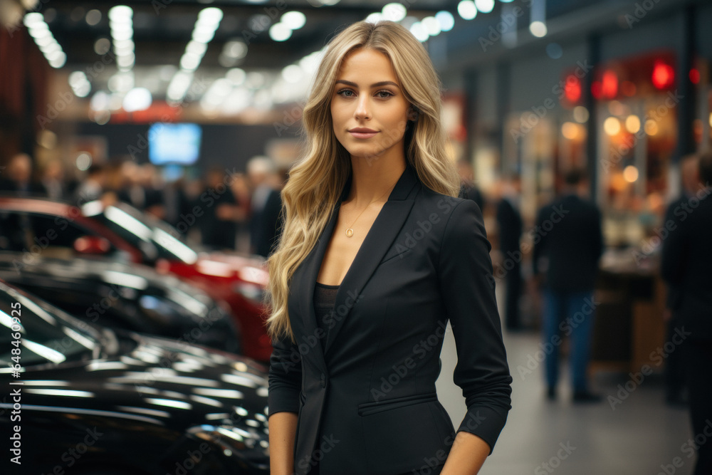 woman dealer or buyer stands in salon of expensive cars