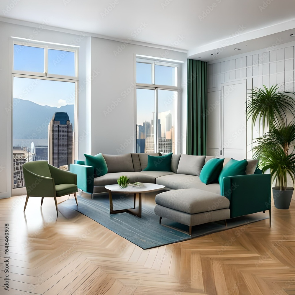 Interior of living room with green houseplants and sofas.AI generated Interior of living room with green houseplants and sofas.AI generated