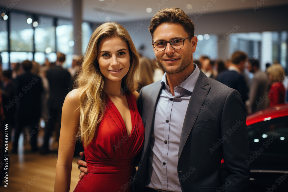 Portrait of a car dealer and a buyer standing among luxury cars Portrait of a car dealer and a buyer standing among luxury cars