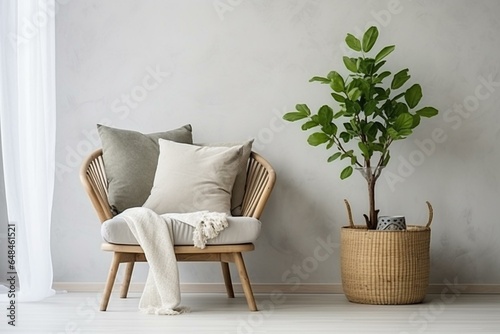 Stylish chair in light bedroom, with rattan armchair in living room. Scandinavian, wabi sabi interior. Eco furniture, large green houseplant. Generative AI photo