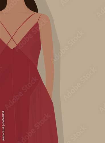 Vector flat image of a young girl in a summer sundress. A girl in a red sundress with bindings. Design for avatars, posters, backgrounds, templates, banners, textiles, cards.