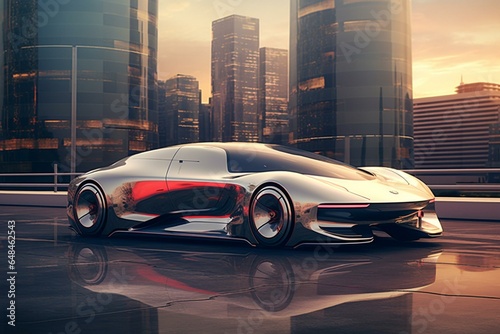 a futuristic, metallic car parked against a futuristic cityscape. Generative AI