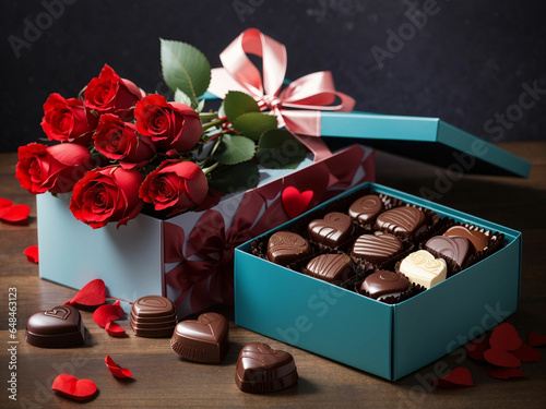 heart of roses on a background of roses Valentine's Day chocolates and red roses Heart shaped box of chocolate truffles with red roses 