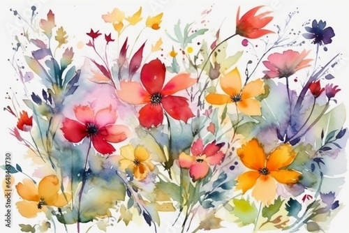 Vibrant watercolor flowers on a white backdrop. Generative AI