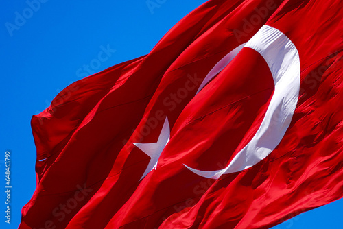 flag of the republic of turkey, turkish flag waving in the wind, blue sky and the flag of the republic of turkey,