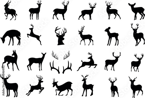 Deer Silhouettes Vector Collection, featuring 24 unique poses of deer, perfect for nature-themed designs, hunting graphics, and wildlife illustrations. deer in various activities. I