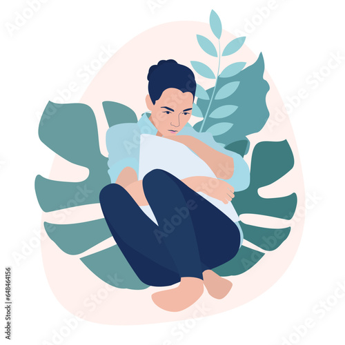 Anxious teen girl suffering from depression. Woman mental health concept. Young unhappy girl with pillow sitting and hugging her knees. Depressed teenager. Vector flat illustration EPS10
