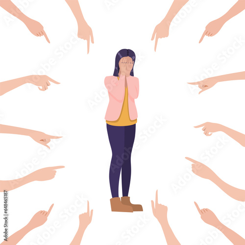 Different hands indicate frightened young woman. victim of bullying. Opinion and pressure of society. Shame. stop bullying and hands pointing at sad girl, violence victim bully and social theme. EPS10