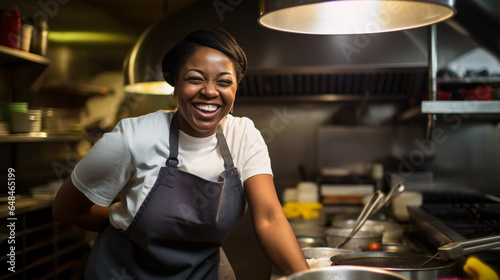 An African American female chef passionately prepares food in the restaurant kitchen.