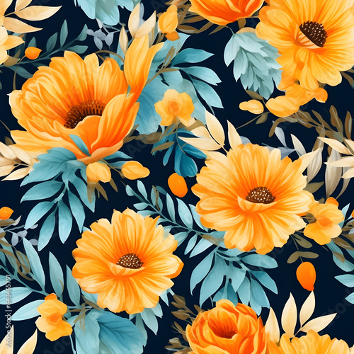 seamless pattern with leaves and flowers in boho style, generated ai