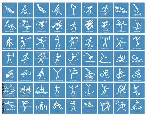Olympic sports with captions. Set of sports icons in white in blue squares. Olympic sports icons.