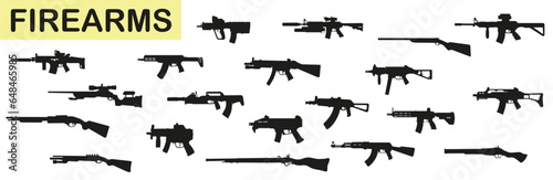 Semi automatic, carbine. Army and police weapons. Shotgun and guns set. Powerful deadly.