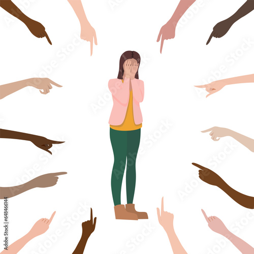 victim of bullying. Opinion and pressure of society. stop bullying. hands of different skeentone pointing at sad girl, violence victim bully and social theme. Vector flat illustration EPS10

