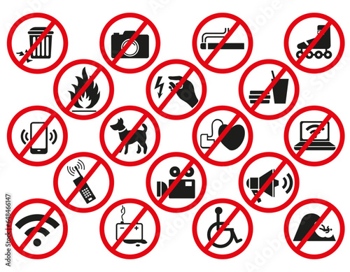 Prohibition signs. Useful and necessary red prohibited signs. Vector graphics.
