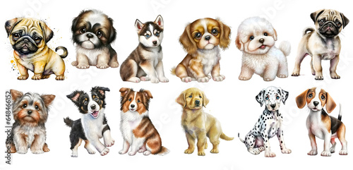 set of cute puppies dogs isolated on transparent background, png, generated ai