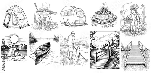 coloring book elements for Camping  isolated transparent on background  generated ai