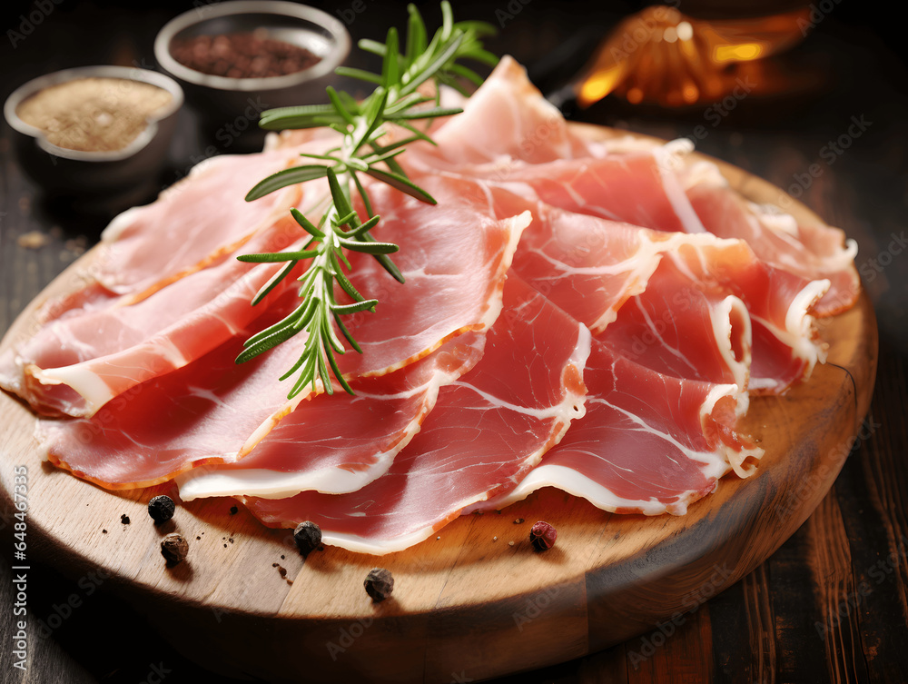 Slices of tasty cured ham and rosemary on wooden board