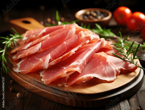 Slices of tasty cured ham and rosemary on wooden board