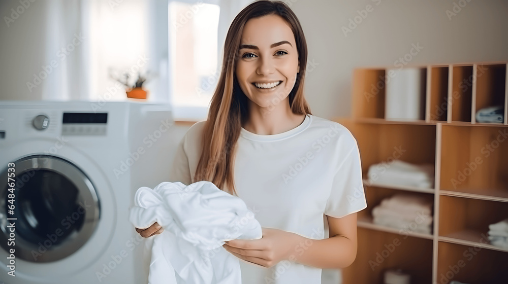 woman smiling doing her laundry and house chore woman smiling doing her laundry and house chore