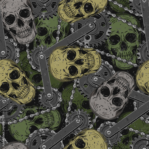 Khaki green camouflage pattern with human skulls, steel mechanism with gears, bike chain. Dark scary gothic illustration in steampunk style. For apparel, fabric, textile, sport goods.